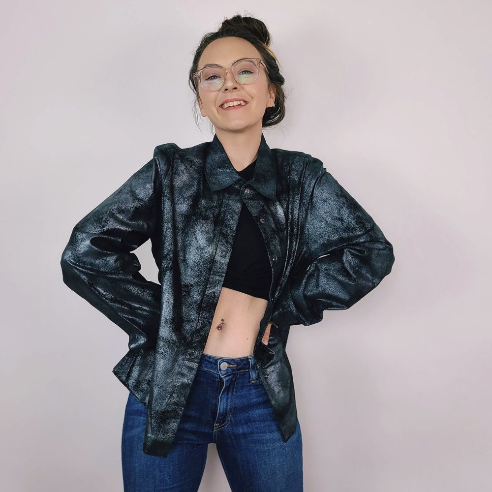 Black Metallic Suede Button Up Jacket CO & Eddy XL